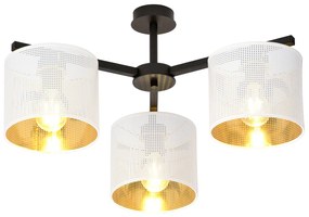Plafoniera Industrial 3 Luci Cigno In Acciaio Bianco E Paralumi A Cilindro Oro