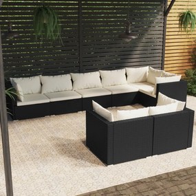 Set mobili da giardino con cuscini 8 pz nero in polyrattan
