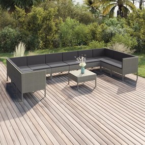 Set divani da giardino 11 pz con cuscini in polyrattan grigio