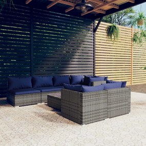 Set Divani da Giardino 8 pz con Cuscini in Polyrattan Grigio