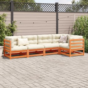 Set divani giardino 5pz con cuscini marrone cera massello pino