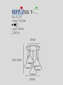 Sospensione ottone sat. 5 luci tonda vetri 2x tr + 3x fu 1177os-s5 ...