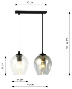 Lampadario 2 Luci Fuxi In Acciaio Nero E Vetri Fumè E Trasparente