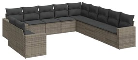 Set divani da giardino 11 pz con cuscini in polyrattan grigio