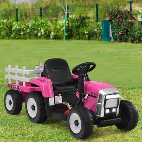 Costway Trattore con rimorchio 12 V per bambini, Giocattolo elettrico con 3 marce luci LED musica clacson, Rosa