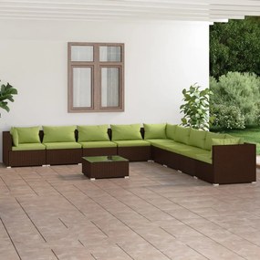 Set divani da giardino 10 pz con cuscini in polyrattan marrone