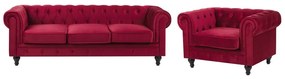 Set divano e poltrona a 4 posti in velluto rosso scuro CHESTERFIELD Beliani