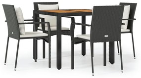 Set da pranzo da giardino 5 pz nero con cuscini in polyrattan