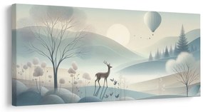 Quadro su tela – Paesaggio boschivo con cervo e montagne