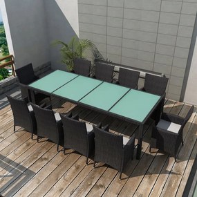 Set da pranzo da giardino 11 pz con cuscini in polyrattan nero