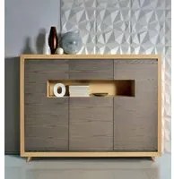 Credenza alta in frassino naturale 3 porte e vano a giorno con piede tornito l.186 p.45 h.135,5