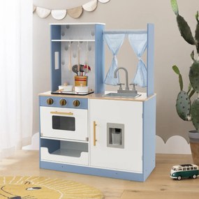 Costway Cucina giocattolo per bambini con tende fornelli lavandino e distributore d'acqua, Set da cucina giocattolo Blu e bianco