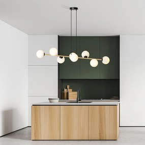 Sospensione Contemporanea Rhiannon 8 Luci In Acciaio Oro E Sfere In Vetro Bianco