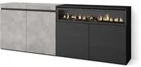 Credenza Mobile Cucina 200x75x35cmcon 4 Porte Camino elettrico, Stile moderno colore Cemento