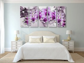 Quadri 5 pezzi – Fiori viola su sfondo astratto
