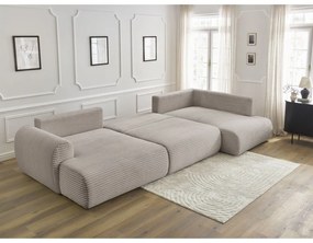 Divano angolare in grigio chiaro/beige allungabile (con penisola a sinistra/a forma di "U") con rivestimento in velluto a coste Lucien – Bobochic Paris