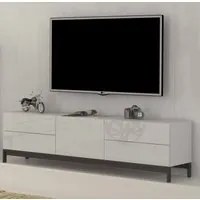 Mobile da soggiorno Porta TV, Made in Italy, Credenza per TV da salotto rialzato con 1 anta e 4 cassetti, cm 170x40h47, Bianco lucido