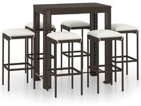 Set da bar da giardino 7 pz con cuscini in polyrattan marrone