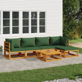 Set salotto da giardino 6pz con cuscini verdi in legno massello