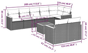 Set divani da giardino 9 pz con cuscini nero in polyrattan