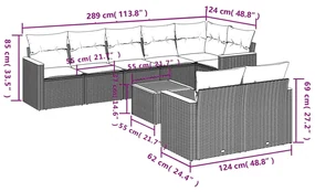 Set divani da giardino 9 pz con cuscini nero in polyrattan
