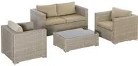 Set Salotto da Giardino Divano 2 Poltrone e Tavolino in Rattan Polietilene Kaki e Beige