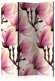 Paravento Magnolie in fiore (3 parti) - fiori rosa tra rami marroni