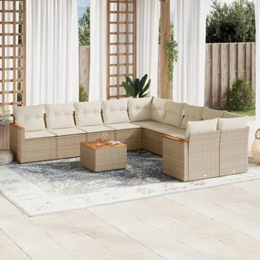 Set divani da giardino 11 pz con cuscini beige in polyrattan