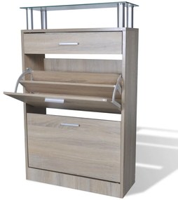Scarpiera Con 1 Cassetto E Mensola Vetro Sopra İn Legno Rovere /