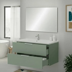 Mobile bagno sospeso 100cm verde opaco con cassetti lavabo e specchio Elva
