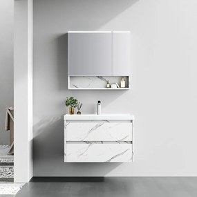 Kamalu - Mobile bagno sospeso 80 cm finitura marmo e specchio contenitore | KAM-VV80