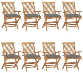 Sedie da giardino con cuscini grigi 8 pz in massello di teak