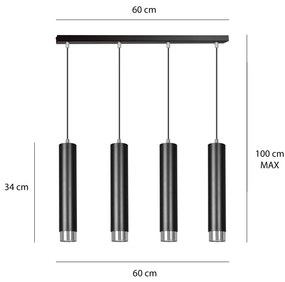 Lampadario 4 Luci Kibo In Acciaio Nero E Tubolari In Nero E Cromo