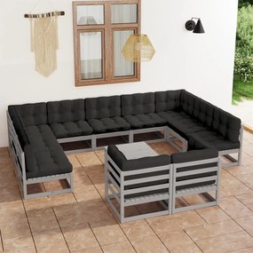 Set divani da giardino 12pz con cuscini grigio massello di pino