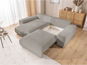 Divano angolare con penisola a sinistra grigio chiaro e rivestimento in velluto a coste allungabile e con contenitore Sarina – Ropez