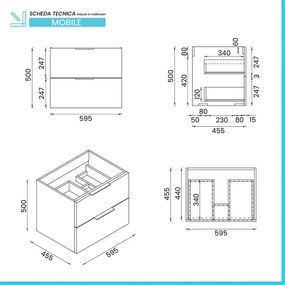 Mobile bagno sospeso 60cm rovere con cassetti lavabo e specchio Elva