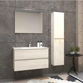 Mobile per bagno sospeso 90 cm con colonna e specchio bianco larice