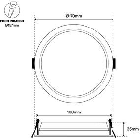 Faro LED incasso 20W foro ø157 UGR19 110lm/W - Dimmerabile Colore Bianco Caldo 3.000K