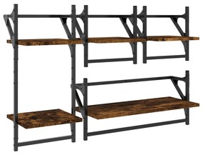 Set mensole parete con aste 4pz rovere fumo legno multistrato