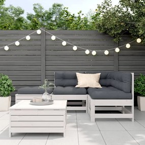 Set salotto giardino 5pz con cuscini bianco legno massello pino