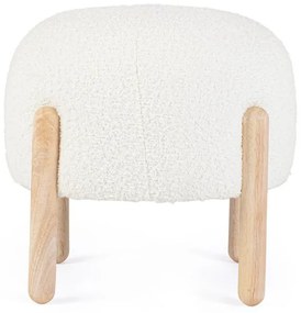 Pouf DAYLA in tessuto bianco effetto bouclé e gambe in legno rubberwood