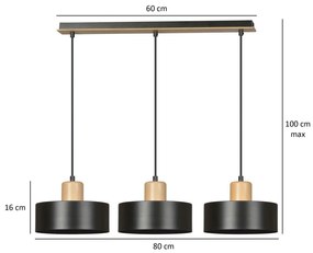 Lampadario a Sospensione in Acciaio e Legno TORIN 3 Nero 3xE27 Colore del corpo Nero