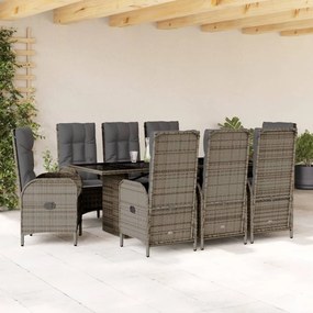 Set da pranzo da giardino 9 pz con cuscini in polyrattan grigio