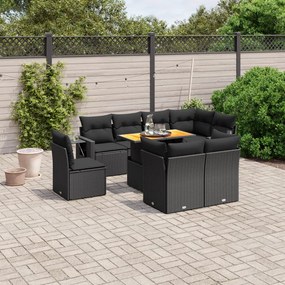 Set divani da giardino 9 pz con cuscini nero in polyrattan