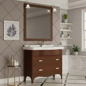 Mobile bagno a terra 115 cm noce con cassetti specchio e lampade Romantica