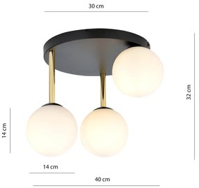 Plafoniera Contemporanea 3 Luci Teseo In Acciaio Nero Oro E Sfere Vetro Bianco