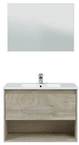 Mobile Bagno Sospeso 80 cm Vano Aperto Lavabo Specchio E Colonna Rovere Alaska VAN
