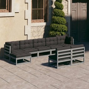 Set divani da giardino 9 pz grigio cuscini massello di pino