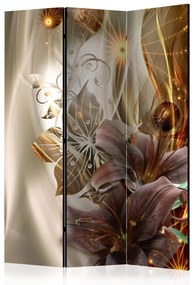 Paravento design Terra d'ambra - fiori di giglio su sfondo di ornamenti marroni e onde