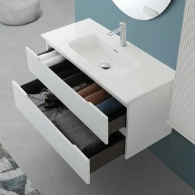 Mobile bagno sospeso 80 bianco cannettato doppi cassetto lavabo e specchio Wise